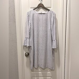 Preston & York Dress 14 Ladies White Black striped 3/4 ruff sleeve round neck